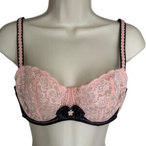 VTG Aubade Paris Satin & Lace Bra | Pink/Black Floral French Lingerie 34E (US)